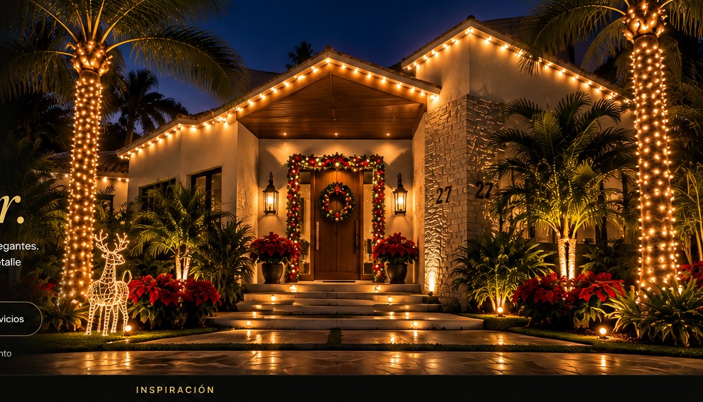 Inspiración de casa tropical con luces C9, palmeras iluminadas y decoración navideña